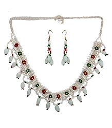 White with Green and Red Bead Necklace and Earrings