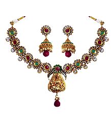 Stone Studded Necklace with Lakshmi Pendant and Earrings