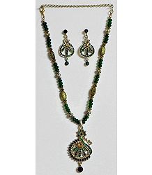 Green Stone Studded Crystal Bead Necklace with Earrings