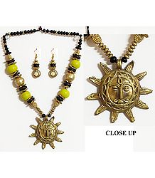 Dhokra Necklace with Sun Brass Pendant and Earrings