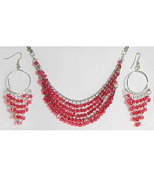 Magenta Sequined Jhalar Necklace with Earrings