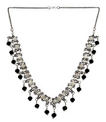 White Metal Necklace with Black Beads