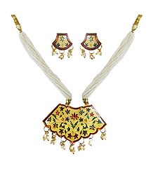 White Beaded Necklace with Meenakari Pendant and Earrings