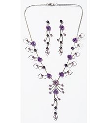 Faux Amethyst Studded Necklace with Blue Metal Roses with Post Earrings