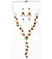 Faux Citrine Studded Necklace with Yellow Metal Roses with Post Earrings