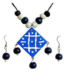 Adjustable Necklace with Blue Paper Pendant with Black Wooden Bead Earrings