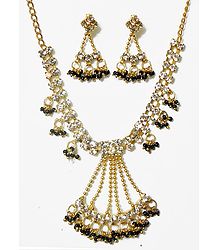 White Stone Studded Necklace Set with Black Beads