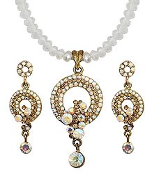Stone Studded Pendant with Crystal and Earrings