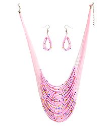 Pink Bead Necklace and Earrings