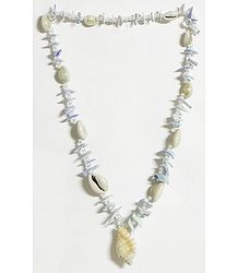 Painted Shell Necklace in Light Blue with White Cowrie