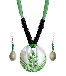 Black Bead Necklace with Painted Shell Pendant and Adjustable Green Ribbon