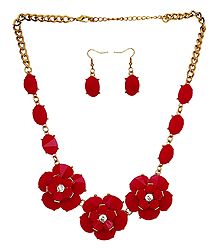 Red Stone Studded Necklace and Earrings
