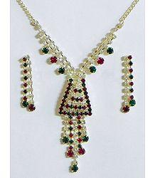 White, Maroon and Green Stone Studded Necklace and Earrings