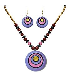 Hand Painted Mauve with Pink Terracotta Necklace with Disc Pendant and Earrings