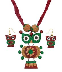 Maroon Thread Necklace with Terracotta Owl Pendant and Earrings