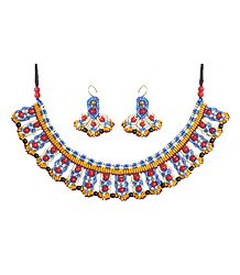 Blue with White Macrame Thread Necklace and Earrings with Saffron and White Beads