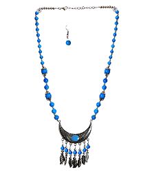 Cyan with Silver Beaded Tibetan Necklace and Earrings