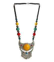 Multicolor Stone Bead Necklace and Two Layer Metal Pendant with Yellow Stone