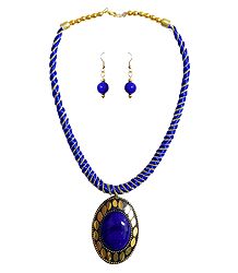 Blue Threaded Tibetan Necklace with Stone Pendant and Earrings