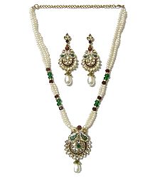 White Bead Necklace with Kundan Pendant and Earrings