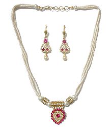White Bead Necklace with Faux Zirconia and Ruby Pendant and Earrings