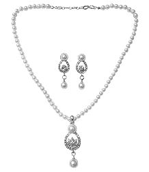 Faux Pearl Necklace with White Zirconia Pendant and Earrings
