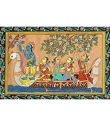 Krishna Rowing the Peacock Boat with Gopinis