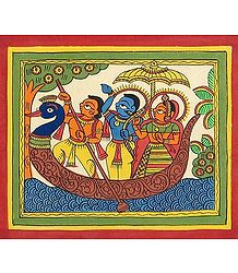 Lord Rama Sita and Lakshmana Riding on a Boat - Phad Painting
