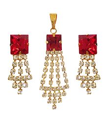 Red and White Faux Zirconia Pendant and Earrings