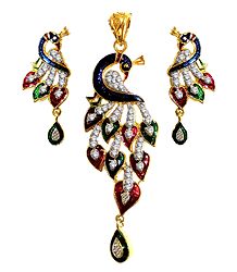 White Stone Studded Laquered Peacock Pendant and Earrings