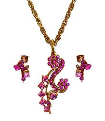 Magenta Stone Studded Pendant with Oxidized Metal Chain and Earrings