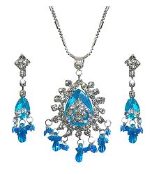 Cyan Blue Stone Studded Pendant with Chain and Earrings