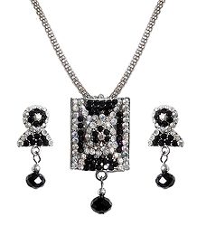 Black with White Stone Studded Pendant with Chain and Earrings