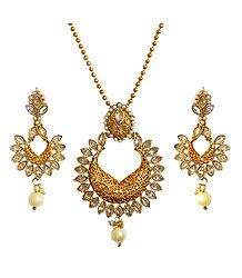 Stone Studded Golden Pendant with Chain and Earrings
