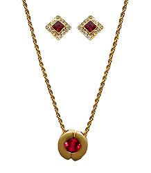 Red Stone Studded Pendant with Chain and Earrings