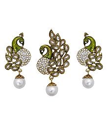 White Stone Studded Laquered Peacock Pendant and Earrings