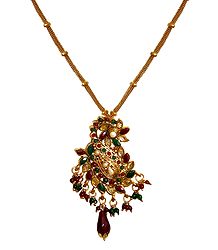Maroon and Green Stone Studded Polki Pendant with Earrings