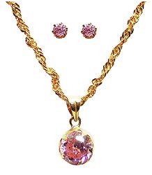 Pink Stone Pendant with Chain and Earrings