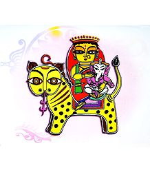 Durga with Ganesha Sitting on Lion - Photo Print of Jamini Roy Painting