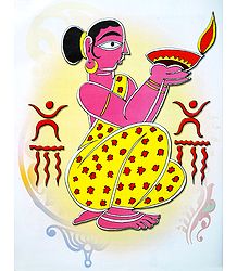 Lady with Diya - Photo Print of Jamini Roy Painting