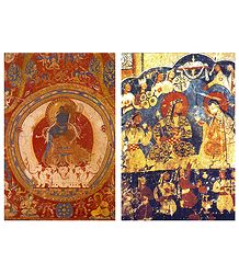 Buddha Akshobhaya and Royal Drinking Scene (Reprint of Medieval Paintings) in Alchi Monastery, Ladakh - Set of 2 Postcards