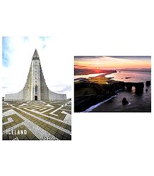 Hallgrimskirkjo Church and Sunrise, Iceland - Set of 2 Postcards