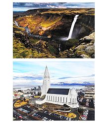Haifoss Waterfall and Hallgrimskirkjo Church, Iceland - Set of 2 Postcards