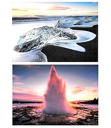 Diamond Beach and Strokkur Geysir, Iceland - Set of 2 Postcards