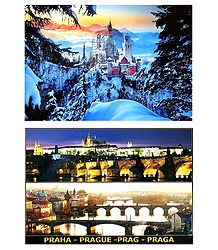Neuschwanstein Castle, Germany and Prague, Czech Republic - Set of 2 Postcards