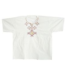 Mens White Short Kurta with Embroidered Om