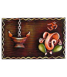 Resin Lord Ganesha with Om and Diya on a Wooden Board - Wall Hanging