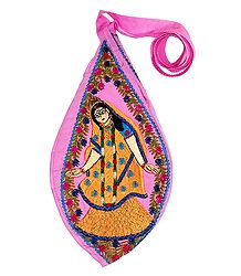 Embroidered Radha on Dark Pink Cotton Japa Mala Bag