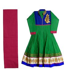 Embroidered Applique Work on Green and Blue Cotton Kurta with Pink Churidar Piece