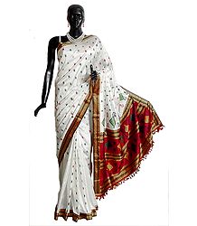 White Assam Pat Silk Saree with Boota All-Over and Gorgeous Red Border and Pallu